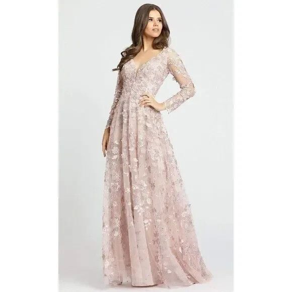 Mac Duggal 70224 Floral Applique Long Sleeve Illusion Gown Rose Pink NWT - Picture 6 of 8